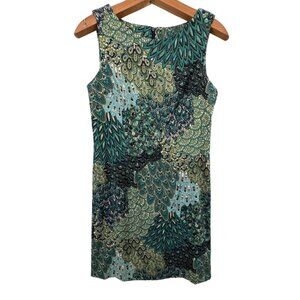 Connected Apparel Sheath Dress Sz 6 Teal Peacock Stretch Artsy Modern CareerWear